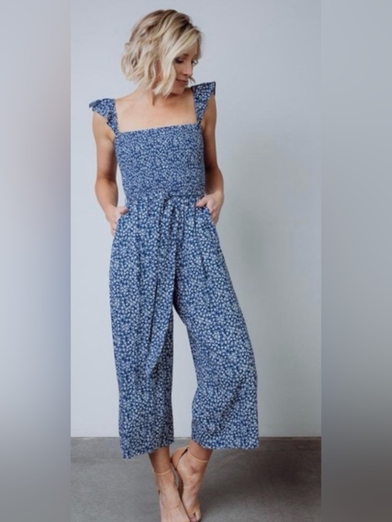 Baltic Born Pants - Baltic Born Navy Blue Floral Smocked Jumpsuit with Tie Straps